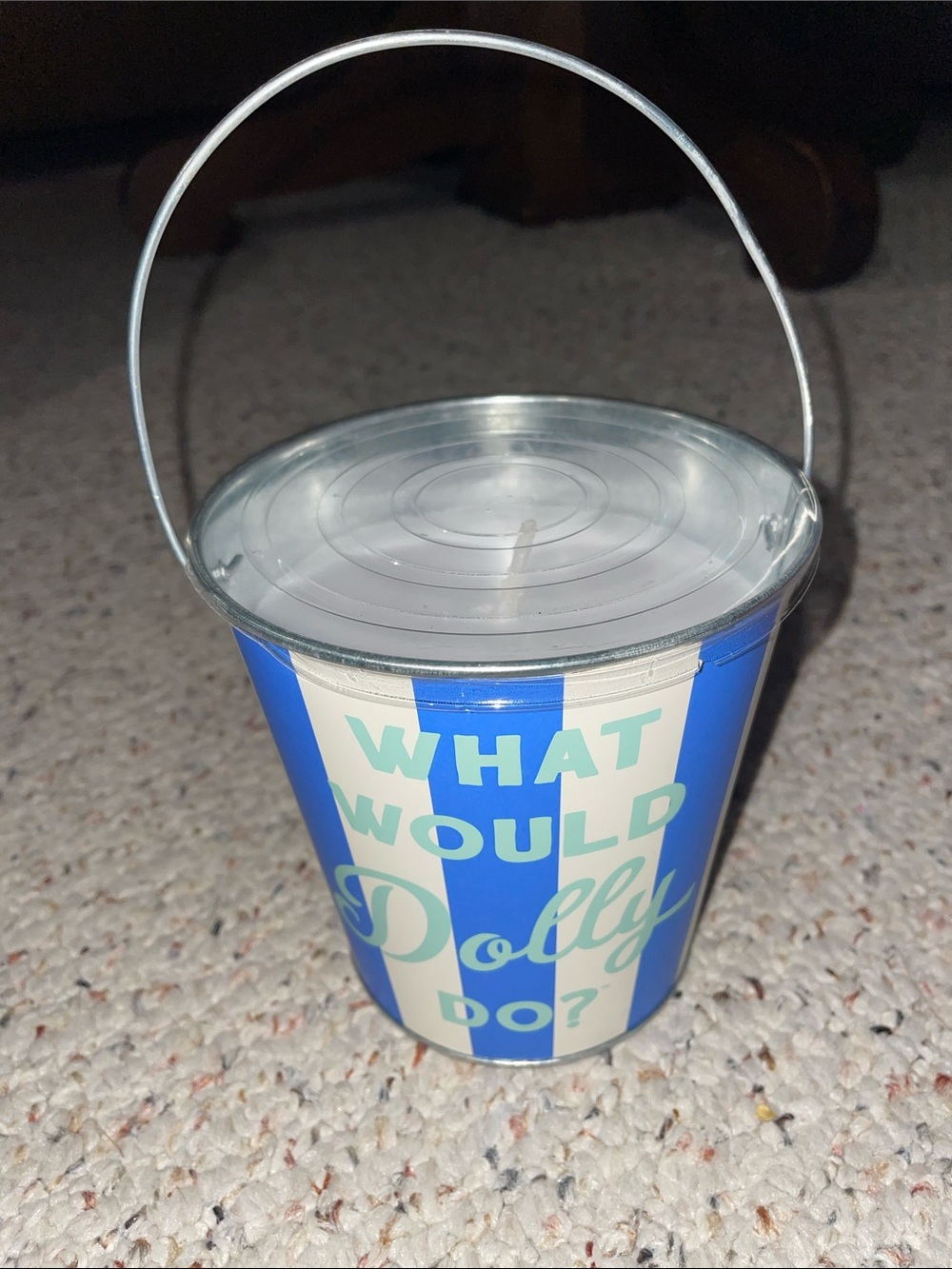 Blue and Cream 'What Would Dolly Do?' Decorative Party Pail Candle